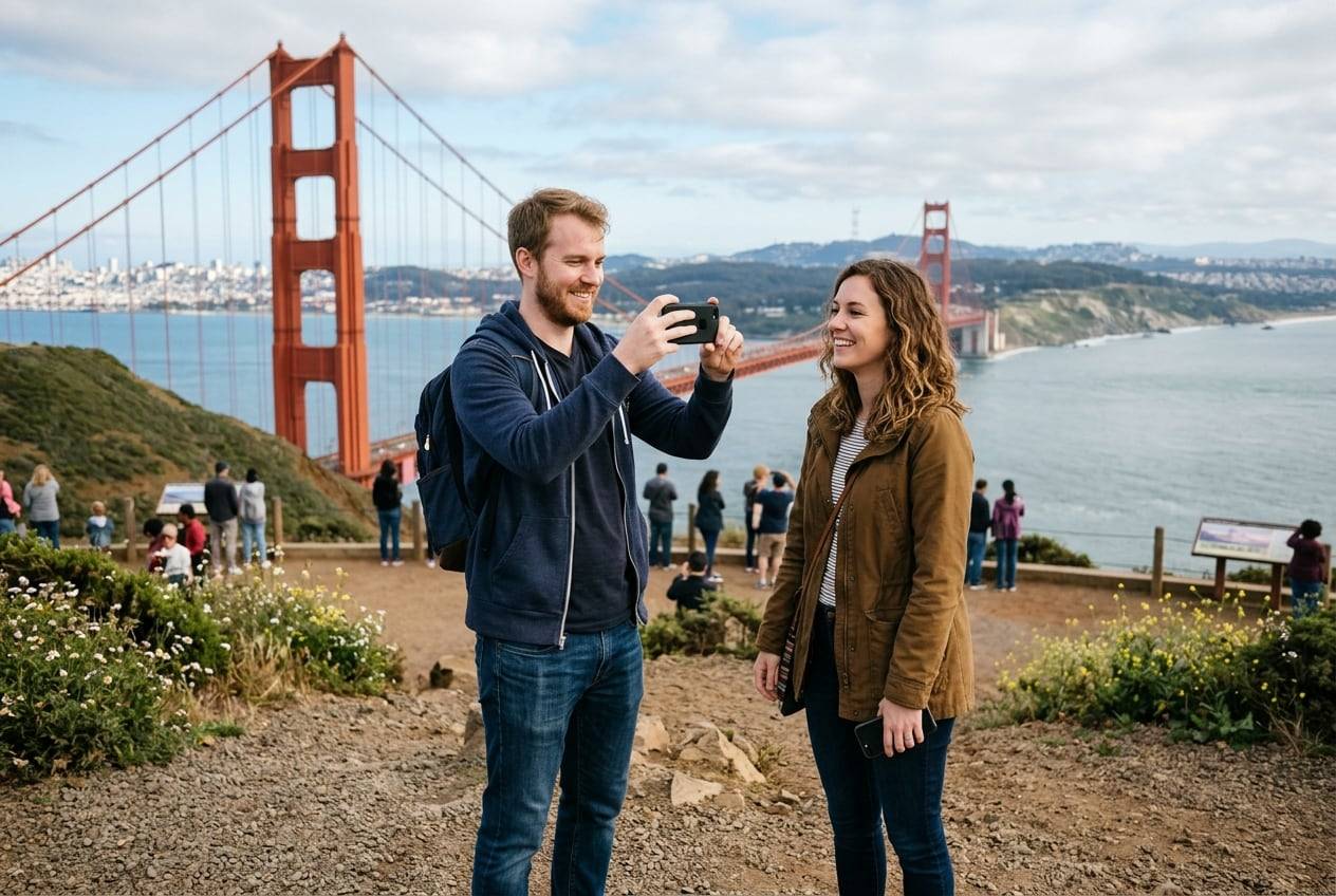 A couple in their 30s at the Golden Gate Bridge viewpoint, San Francisco, photographing the view and each other with a phone for an Instagram post