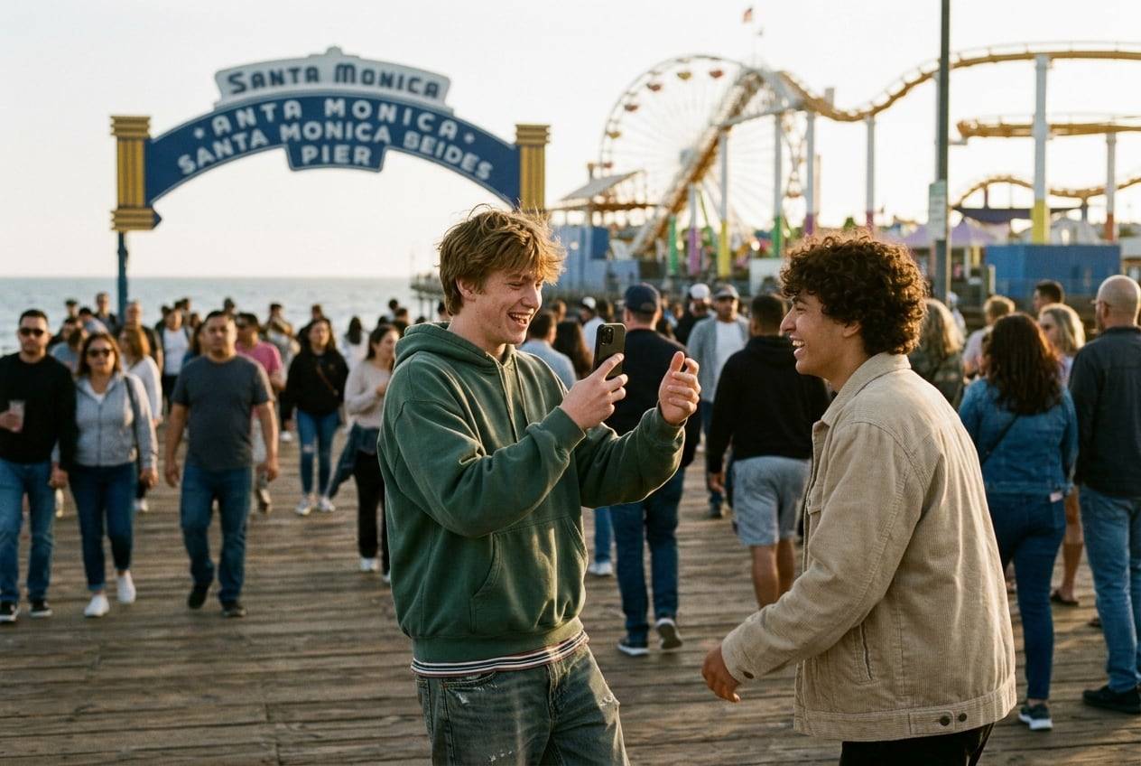 A teenage-looking young man on the Santa Monica Pier, Los Angeles, filming a short vertical Reel with a phone, one of them mid-movement