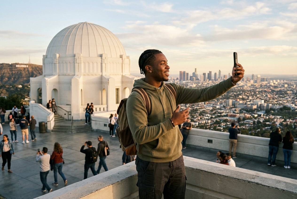 A young Black man at Griffith Observatory with the Los Angeles skyline behind, recording a vertical TikTok video talking to a phone held at arm's length