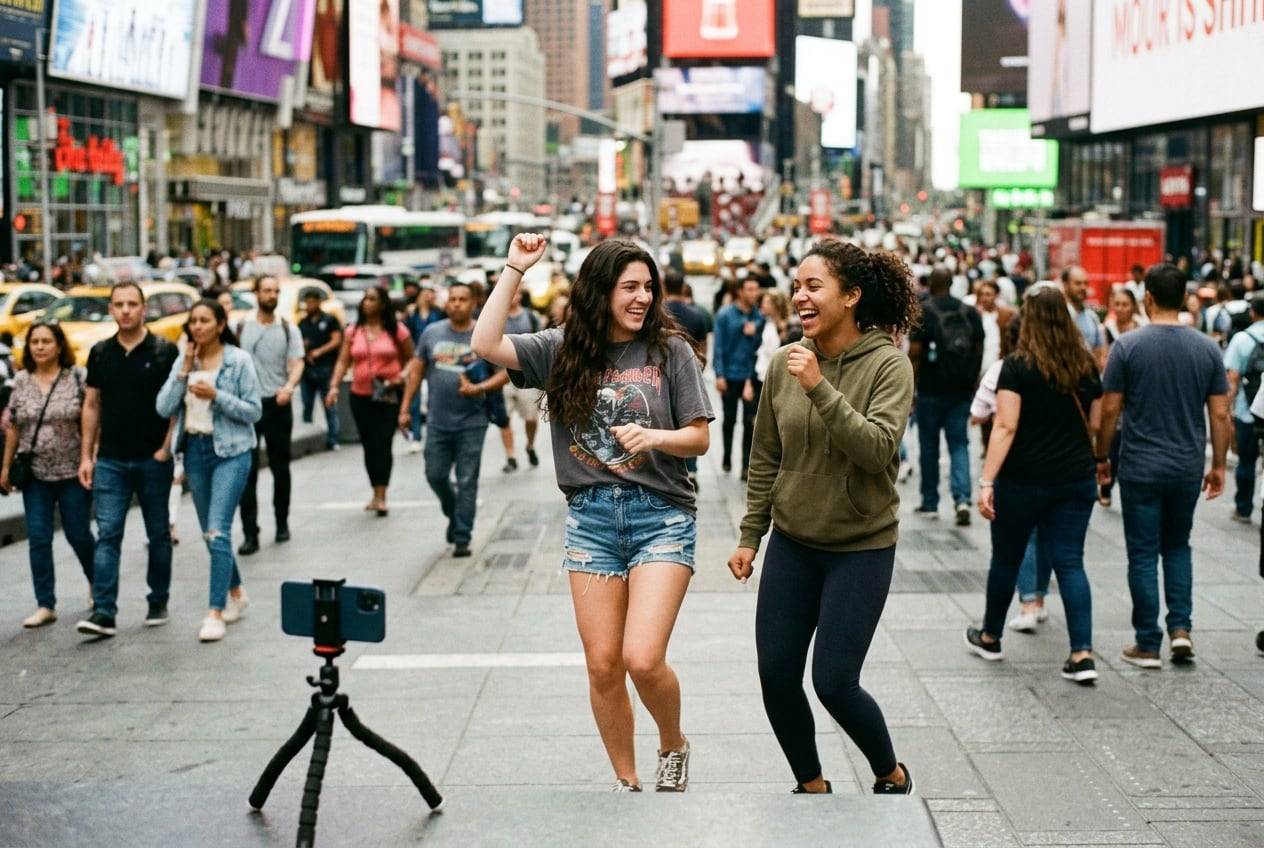 Two college friends in Times Square, New York, dancing a TikTok trend together while a phone on a mini tripod records them