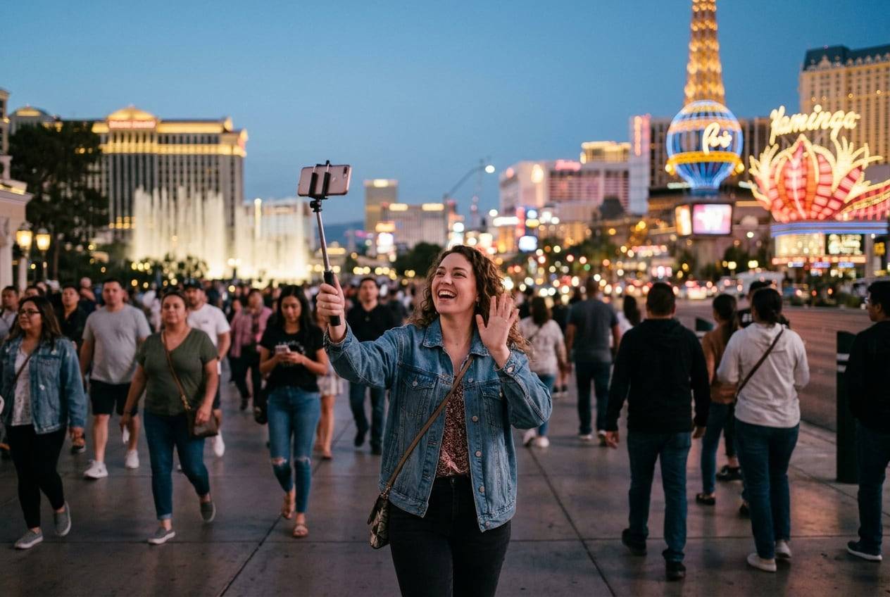 A woman in her 20s on the Las Vegas Strip, going live on a phone on a selfie stick at dusk, waving at the phone, city lights coming on