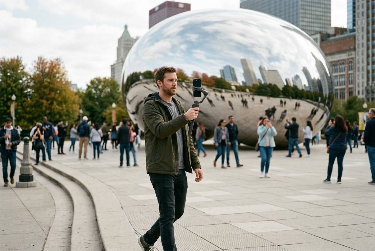 A man in his 30s at the Chicago Bean (Cloud Gate) in Millennium Park, filming a vertical video with a phone gimbal while walking