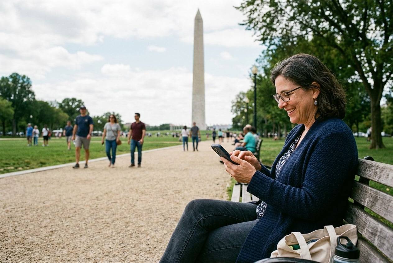 A middle-aged woman on the National Mall with the Washington Monument behind, typing a post on a phone while sitting on a bench, smiling