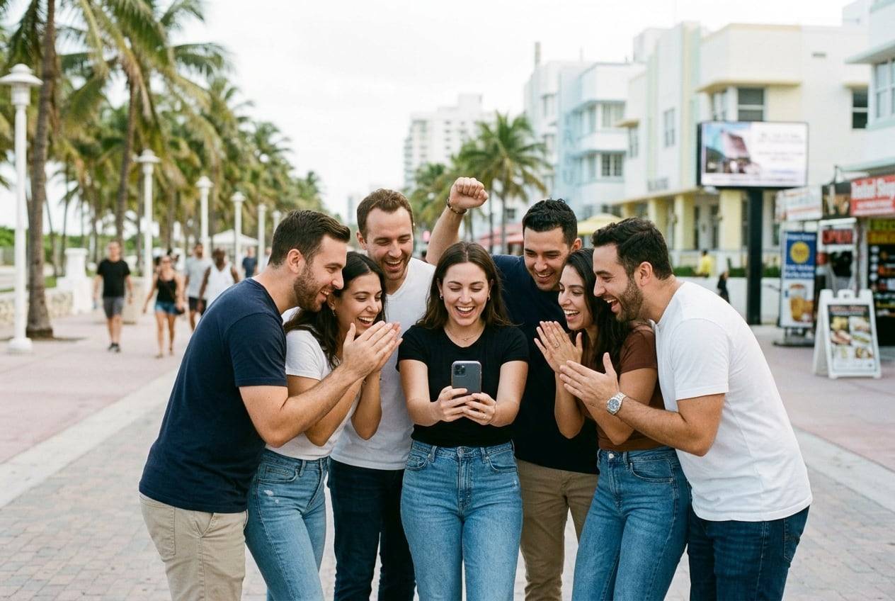 An office team in casual clothes on a Miami Beach boardwalk, cheering while looking at one phone, celebrating a campaign launch, in branded-free company clothes