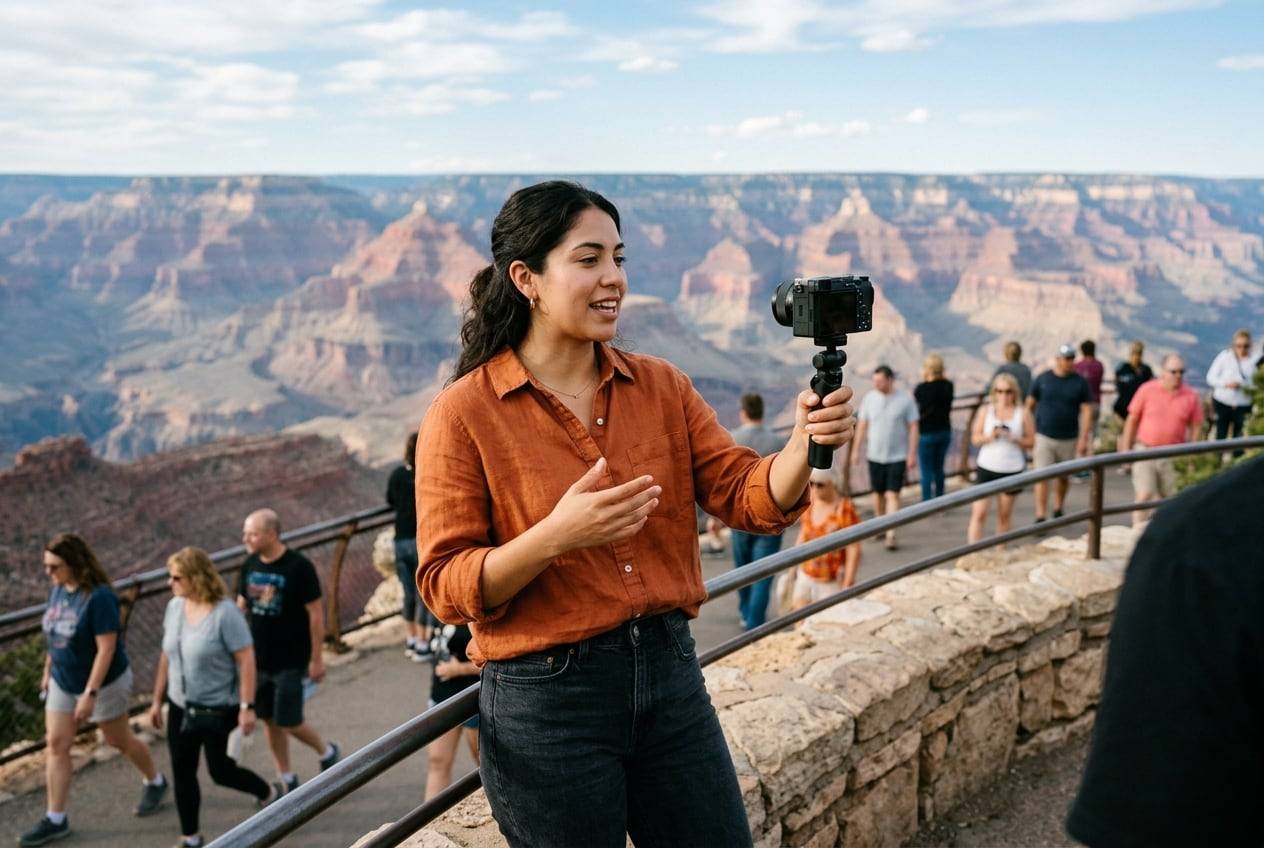 A young Latina woman at the Grand Canyon South Rim, filming a travel vlog with a small camera on a handheld tripod, one person talking