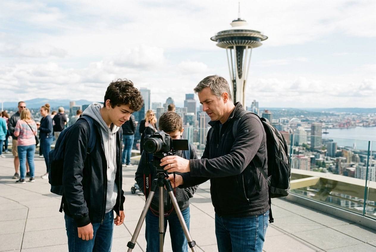 A father and teenage son at the Space Needle, Seattle, filming a wide shot of the scene with a camera on a tripod, checking the flip screen