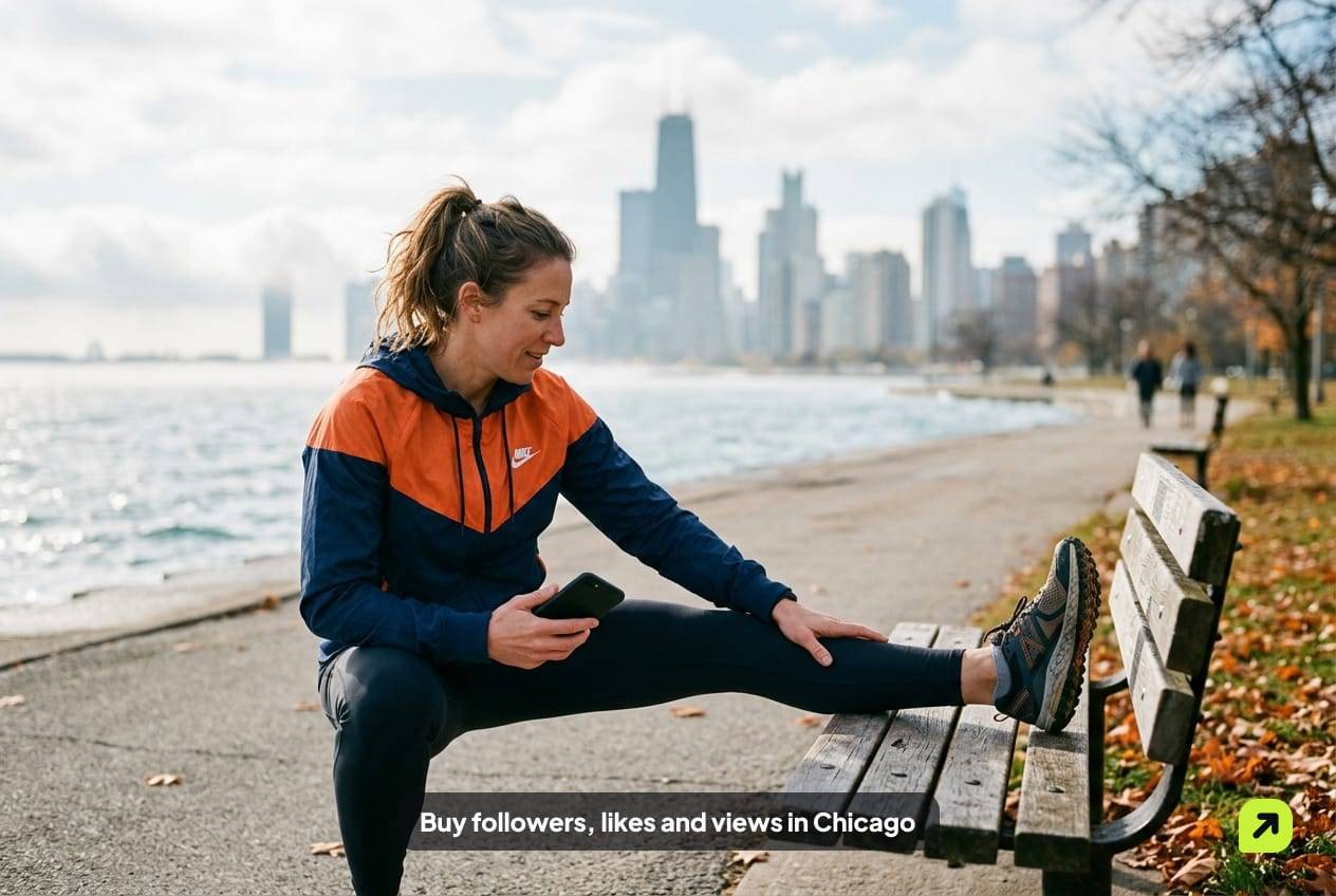 Runner stretching on a Chicago lakefront bench on a bright October morning, holding her phone