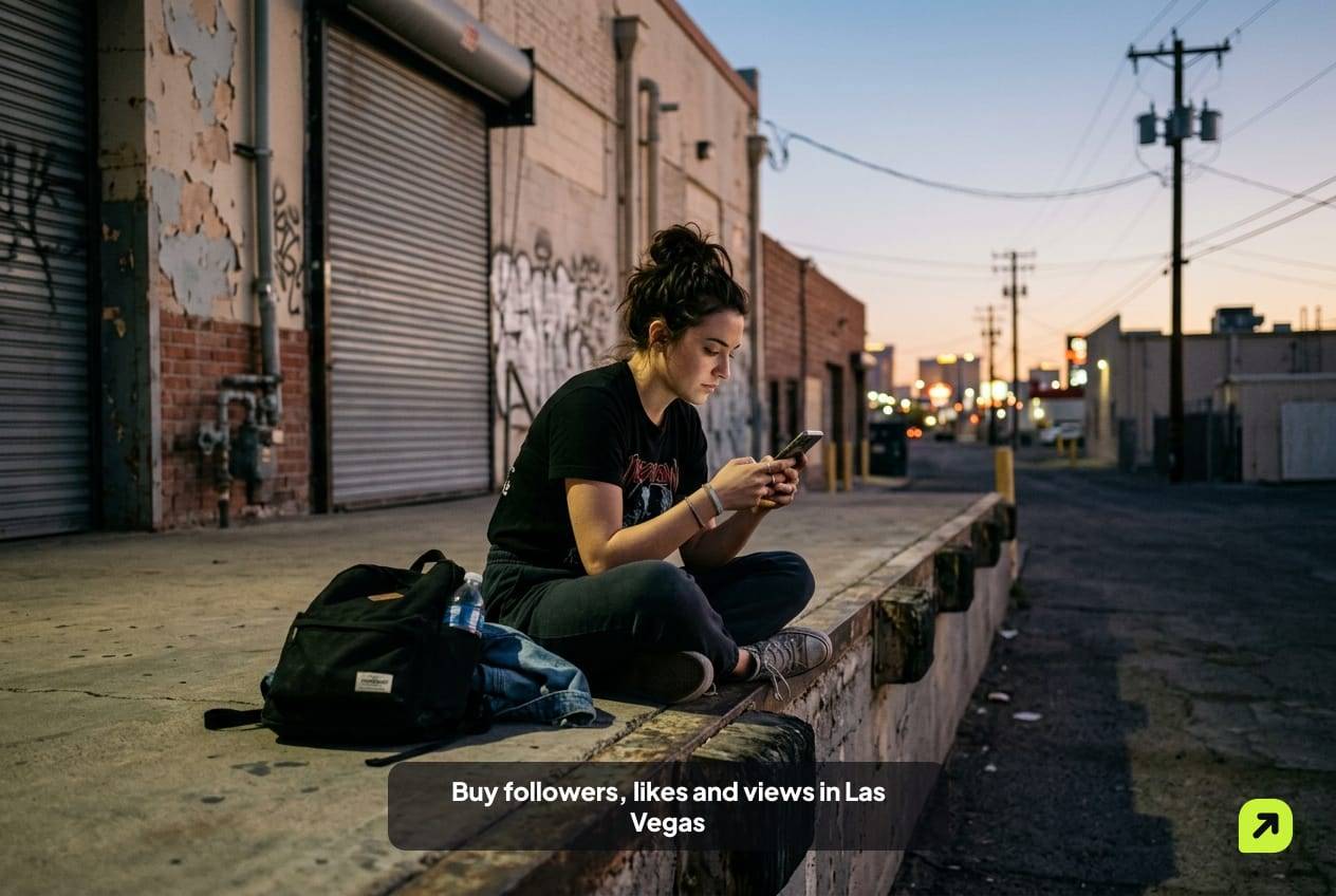 Performer in rehearsal clothes on a theater loading dock in Las Vegas at dusk, scrolling her phone
