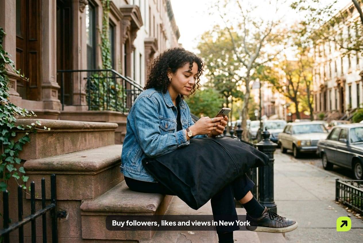 Stylist on a Brooklyn brownstone stoop with a garment bag, checking her phone in warm afternoon light
