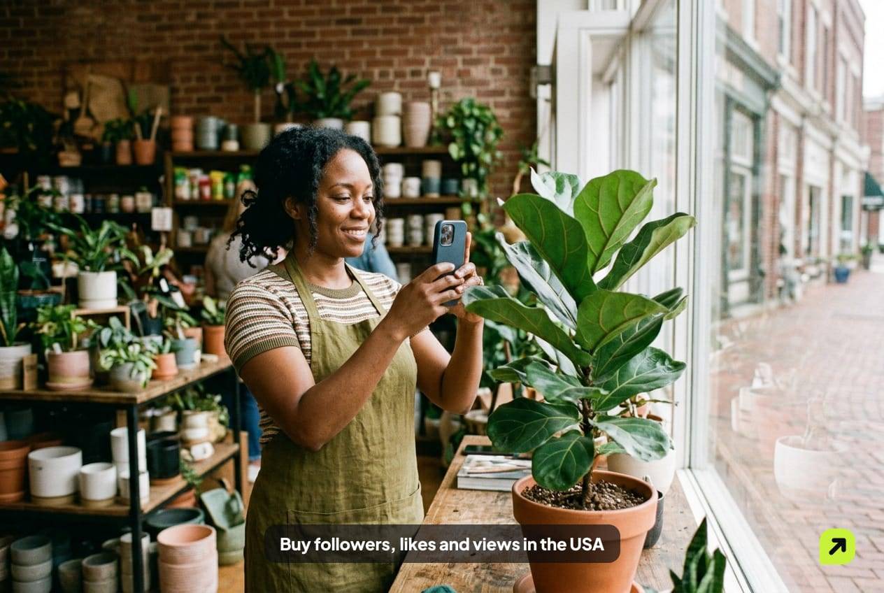 Plant shop owner in an apron filming a fiddle-leaf fig on her counter, brick walls and shelves of pots behind her