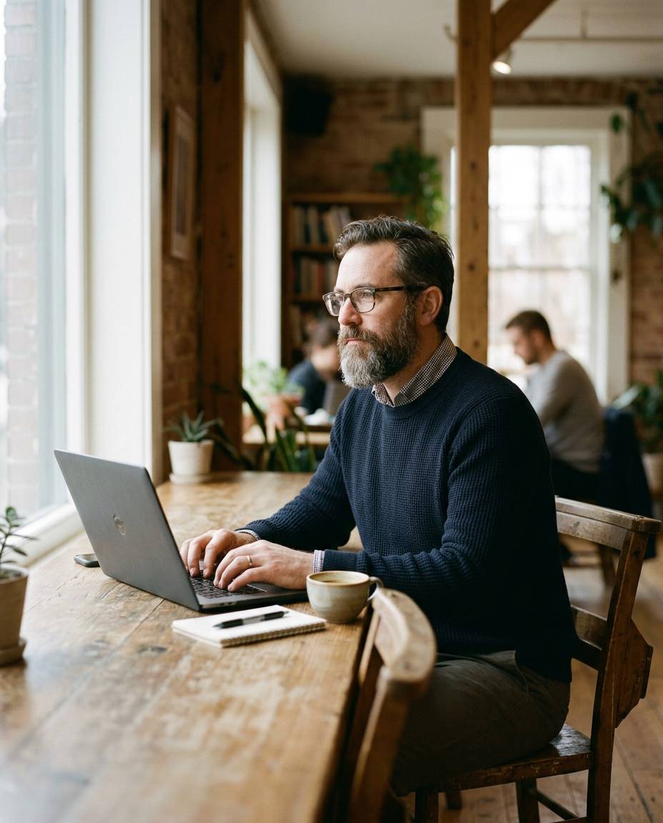 Writer working on his laptop in a co-working space
