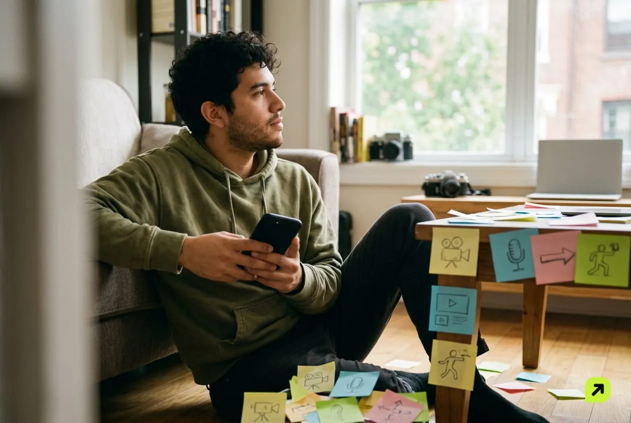Man sitting on an apartment floor among sticky notes with sketched video ideas, phone screen facing away