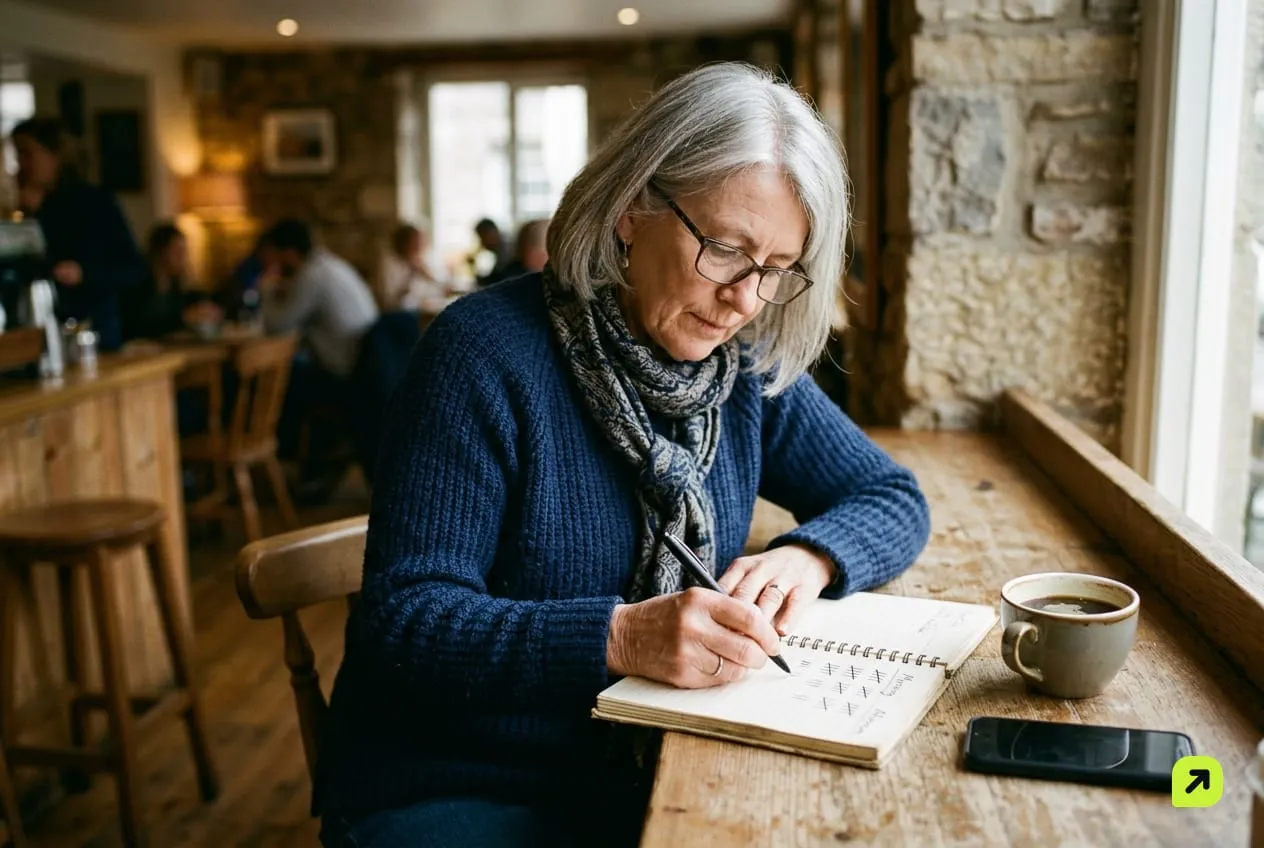 Woman at a café counter writing two columns of tallies in a notebook with her phone face down beside her coffee