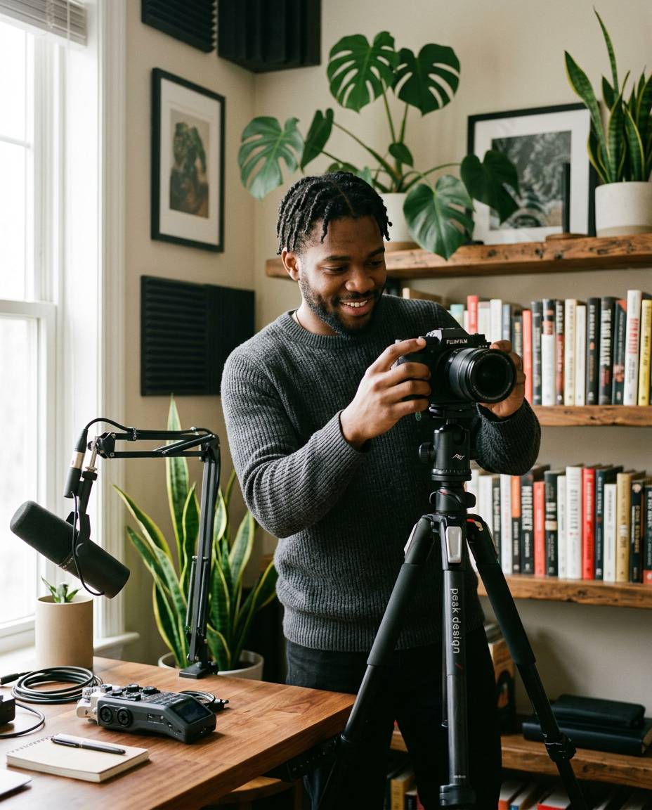 YouTuber adjusting his camera on a tripod in his home studio